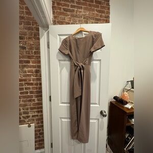 Brown jumpsuit with tied waist — hits just above ankles for someone 5’3